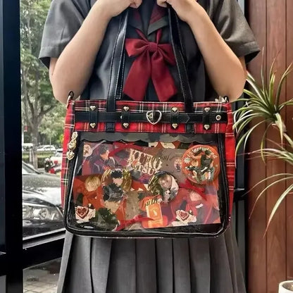Women Fashion Checkered Pattern Retro Ita Bag Cute Girl Transparent Large Capacity Tote Bag DIY Display Handbag New Shoulder Bag