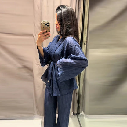 Tie Front Textured Women Set V-Neck Loose Set Wide Sleeve Drawstring Pants Casual Lounge Solid Color 2 Piece Outfits For Daily