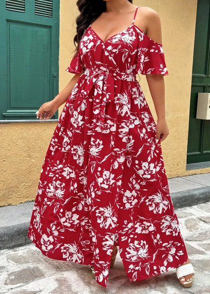 Plus Size Large Size Fashion Floral Print Women's Strap Dress Comfortable Casual Long Skirt Polyester Fabric Commute Style Th...