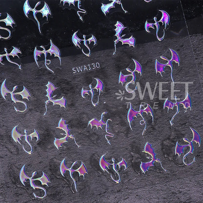 3pcs Metallic Flying Dragon Nails Stickers Gold Silver Laser Flying Devil Bat Design Nail Decals DIY Halloween Manicure Decor