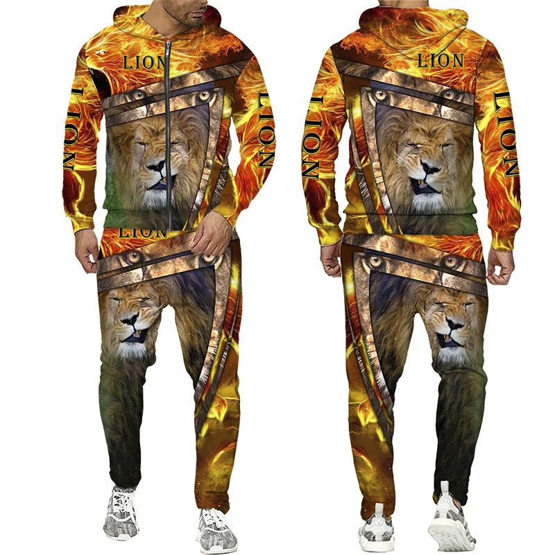Spring and Autumn Men's Tracksuit 3D The Lion Print Zipper Hoodies Sweatshirts Pants Sets Casual Mens Clothing Women's Tracksuit