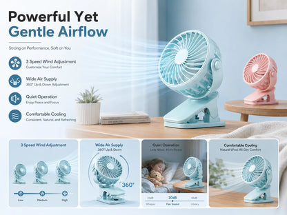 Rechargeable Fan 720° Rotating Hanging Clip Fan with Nightlight for Easy Portability Office Bedroom Dormitory Outdoor Small Fan