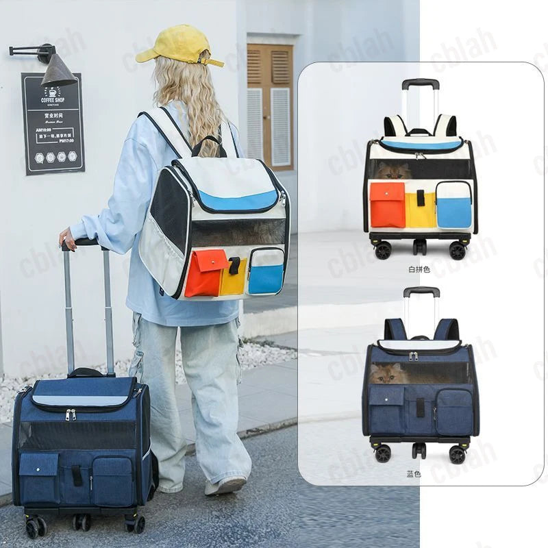 2-in-1 Rolling Pet Carrier Backpack with Wheels, Large Foldable Travel Bag for Dogs and Cats, Ventilated Backpack Carrier