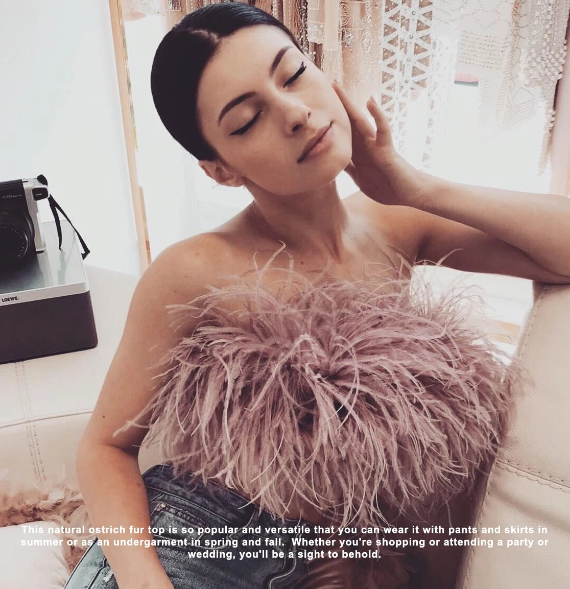 Jaxmonoy New Women Ostrich Feather Tube Spring Summer Sexy Stretch Top Bra Lady Party Wedding Fashion Sleeveless Cropped Top