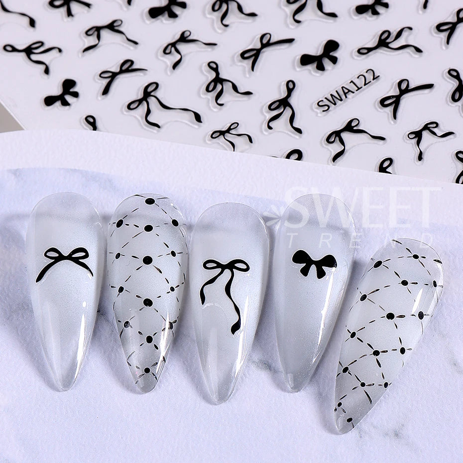 4/8pcs Bowknot Ribbon Nail Stickers Mini Kawaii Lace Bow Tie Design Self-Adhesive Nail Art Decals DIY Manicure Supplies Decor