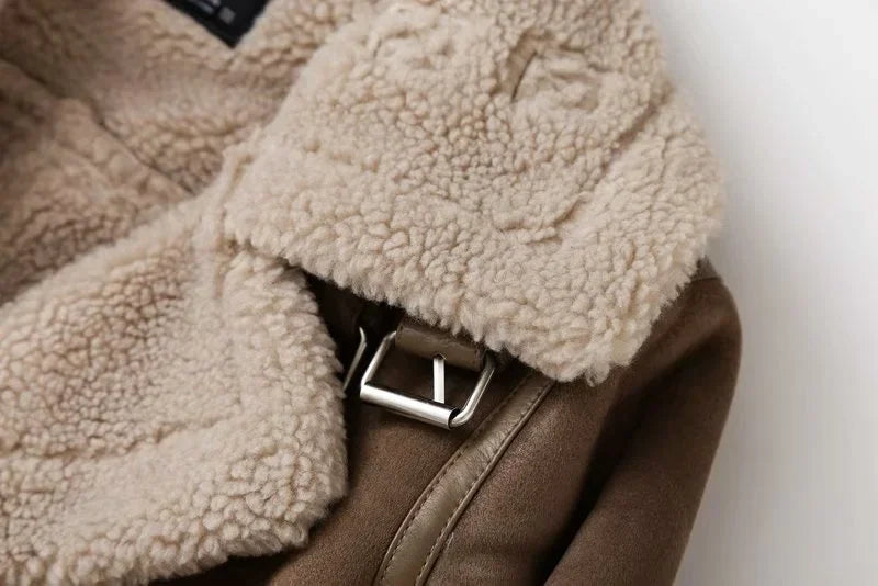 Winter Faux Shearling Sheepskin Fake Leather Jackets Lady Thick Warm Suede Lambs Motorcycle Brown Coats Mujer Chaqueta A407