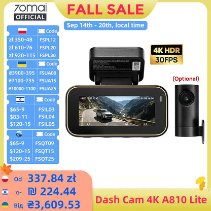 70mai Dash Cam A810 Lite 4K HDR + 1080P, Supercapacitor 4G LTE Remote Control Wi-Fi 6 GPS Voice Control Car DVR 70mai A810 Lite