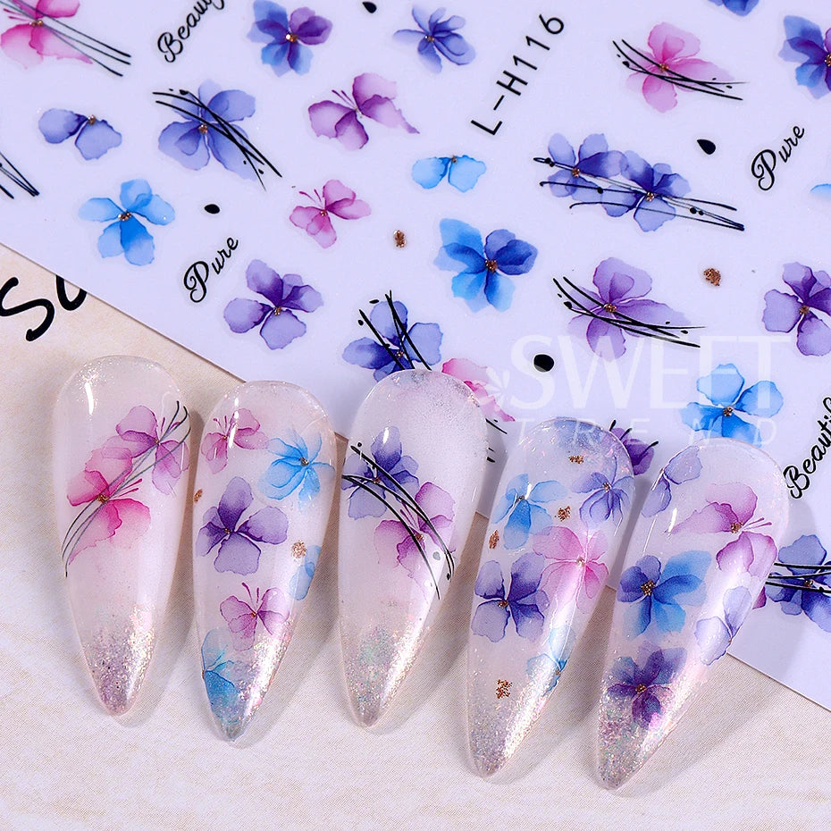 12pcs 3D Geometry Flower Leaf Nail Stickers Summer Ink Blooming Flowers Decal Slider for Nail Art Supplies Manicure Decoration