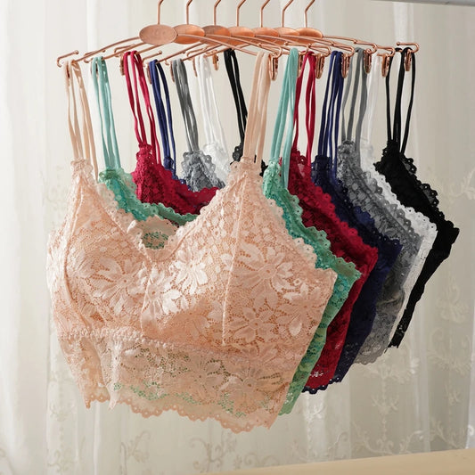 Lace Flower Suspender Top for Women Sexy Hollow Skin-friendly Solid Color Removable Pad Wireless Bra