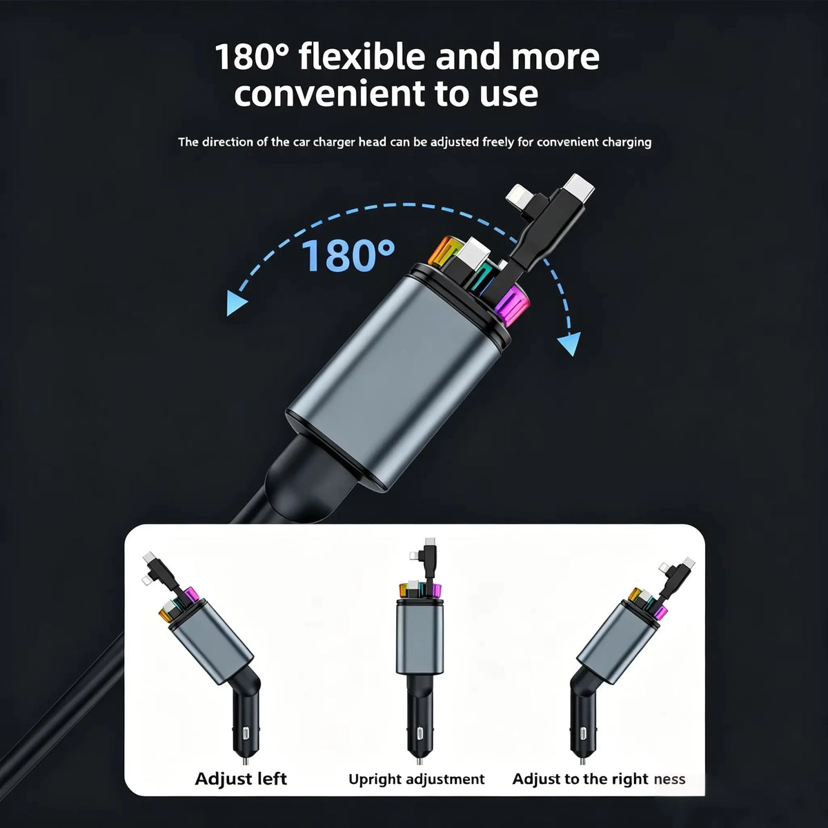 120W 5-in-1 Car Fast Charger Retractable Cable PD 30W Digital Voltmeter Star Light Car Charging Adapter For IOS Android