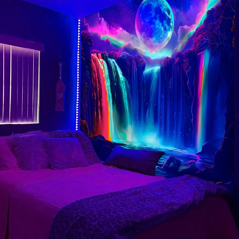 1PC Colorful Waterfall UV Response tapestry, Moon Night Sky Natural Landscape Black Light Home Decoration tapestry