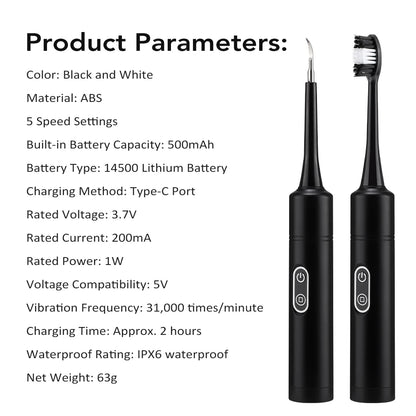 Electric Teeth Cleaner 6-gear Modes Portable Toothbrush Tartar Remover High Frequency Vibration Tartar Cleaning Whitening Teeth