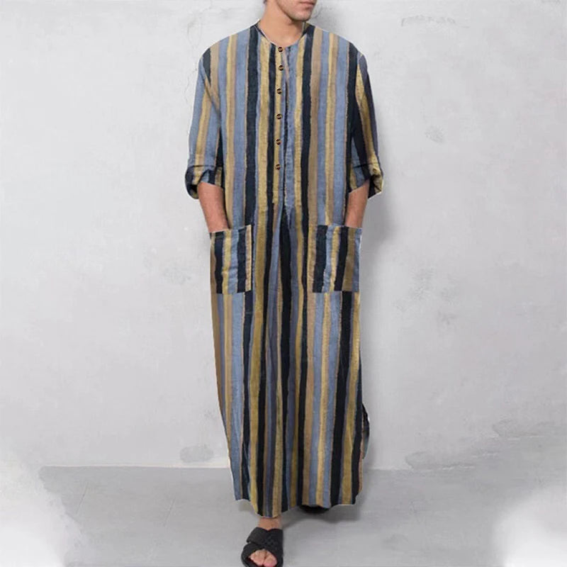 New Men Islam Qamis Muslim Striped Robes Long Sleeve Button-down Arabian Kaftan Suit Middle East Dubai Abaya Summer Man Clothing