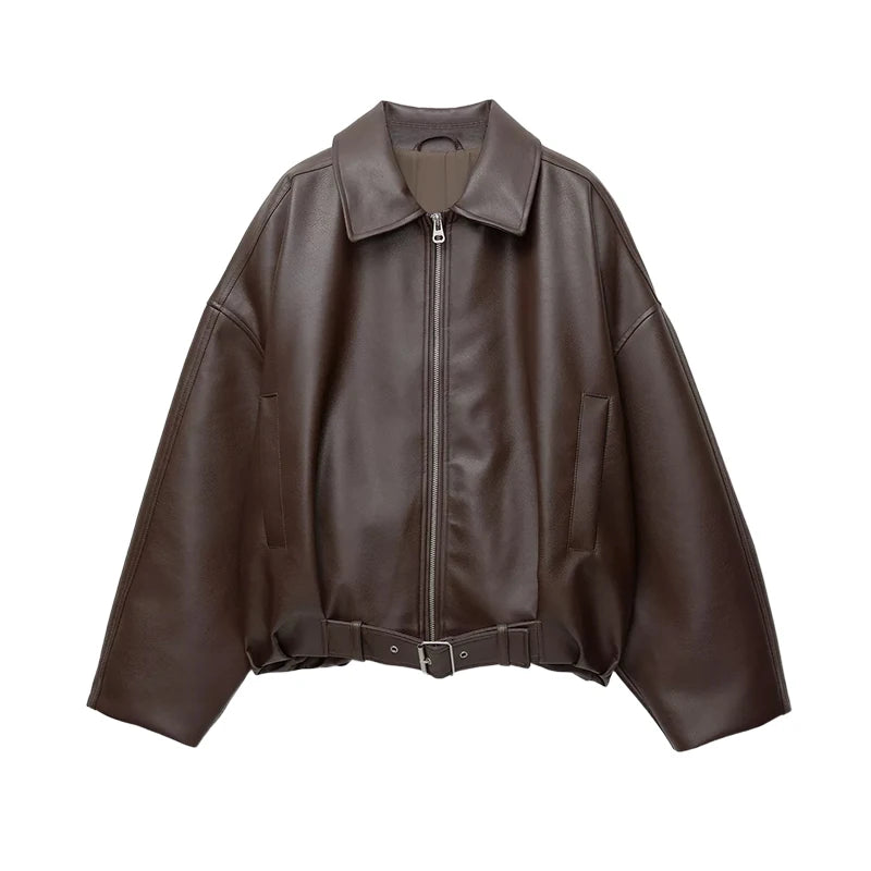 Street Women's Belt Leather Jackets Loose Lapel Zipper Long Sleeve Pockets Female Coats 2026 Autumn Lady Fashion Y2k Outwear