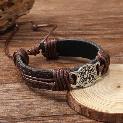 Vintage Handmade Braided Leather Bracelets For Men Myth Cross Scripture Retro Lace-Up Punk Style Leather Bracelet Accessory Gift