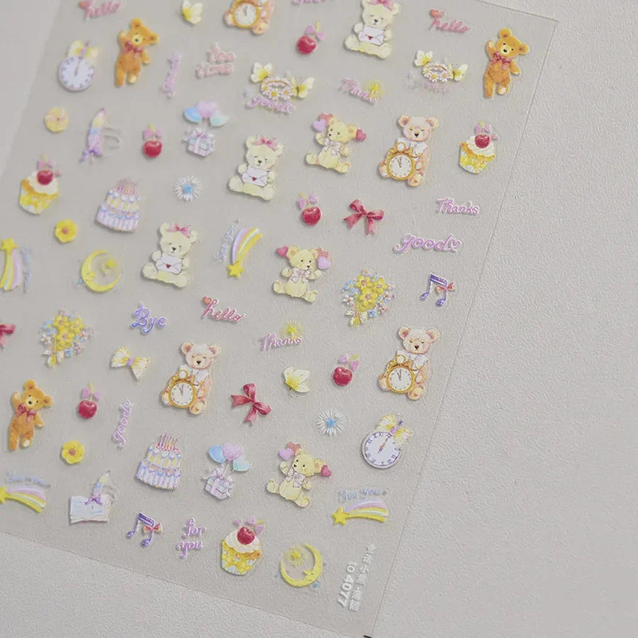 Lovely Animal Graffiti Cat Claw Rabbit Bunny Bear Dog Flower Fruit Dim Sum Candy Sunflower Adhesive 5D Nail Art Stickers Decal