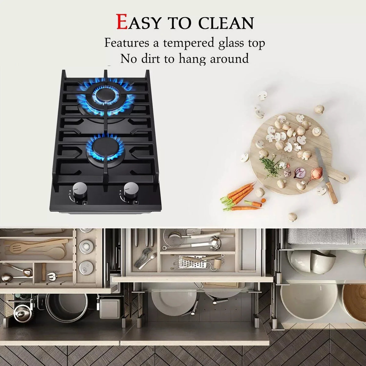 TopStrong 2 Burners 30cm Kitchen Built in Tempered Glass NG/LPG Dual Fuel Gas Hob UKGCT-B02