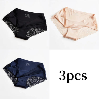 3pcs Lace Women's Panties French Seamless Underwear Female Ice Silk Briefs Solid Color Breathable Underpants Lingerie