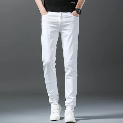 2026 Spring New Men Slim Jeans 98% Cotton White Stretch Straight Casual Fashion Pencil Pants High Quality Trousers Male Clothes