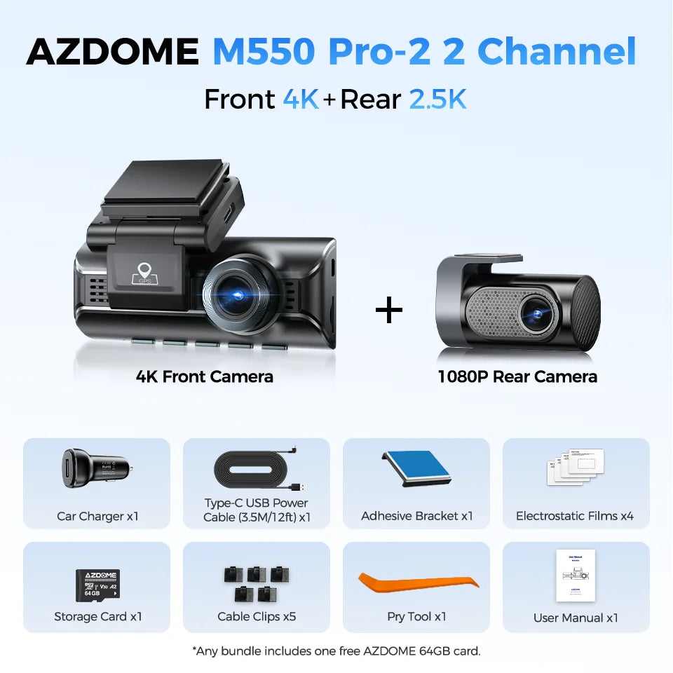 AZDOME M550 Pro 5.8Ghz WiFi 2/3 Channel Dash Cam 4K+2.5K Built-in GPS 3.19" IPS Screen Car DVR IR Night Vision 24H Parking Mode