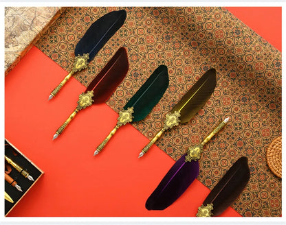 Sprinkling Gold Vintage Feather Pen Set Luxury Fountain Pen Ink Bottle Calligraphy Writing Dip Pen Nib Quill Birthday Gift Box