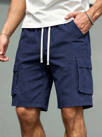 2026 Men's loose linen straight-leg pants, casual multi-pocket work shorts, high-end men's shorts, drawstring daily work shorts