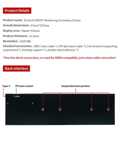3.5 / 5 Inch IPS Type-C Secondary Screen Mini Computer USB Display CPU GPU RAM HDD Monitor with Holder Metal Case No Use AIDA64
