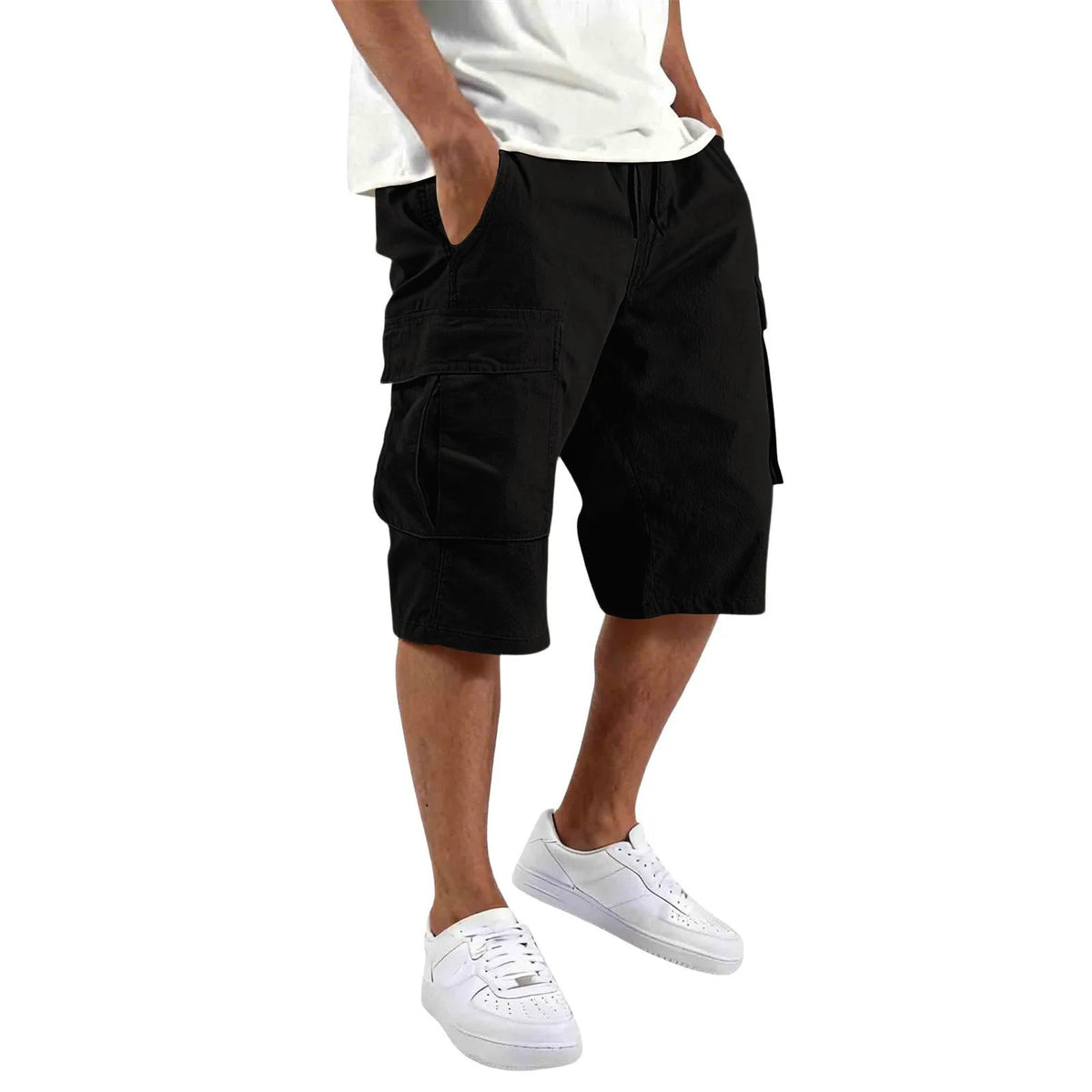 2026 Summer Men Loose Straight Pants Casual Multi-Pocket Shorts Pure Color Fashion Men Shorts Drawstring Daily Cargo Short Pants