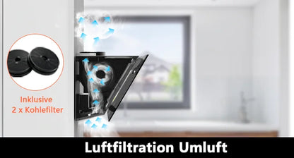 90cm Wall Mounted Cooker Hood 800m³/h A+++ LED Touch Control, Black Glass - Recirculation/Exhaust Option