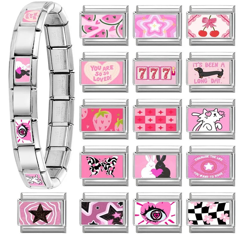 Beautiful Flower Y2K Black Star Dog Heart Pink Italian Charm Link Fit 9mm Stainless Steel Sweet Bracelet Jewelry Making DIY Gift