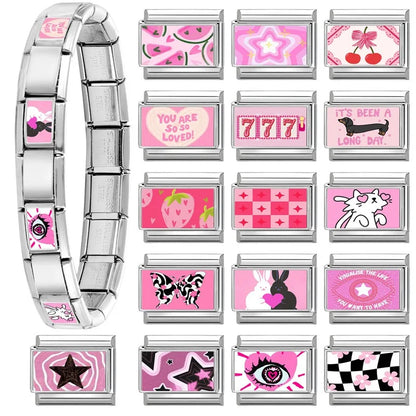 Beautiful Flower Y2K Black Star Dog Heart Pink Italian Charm Link Fit 9mm Stainless Steel Sweet Bracelet Jewelry Making DIY Gift