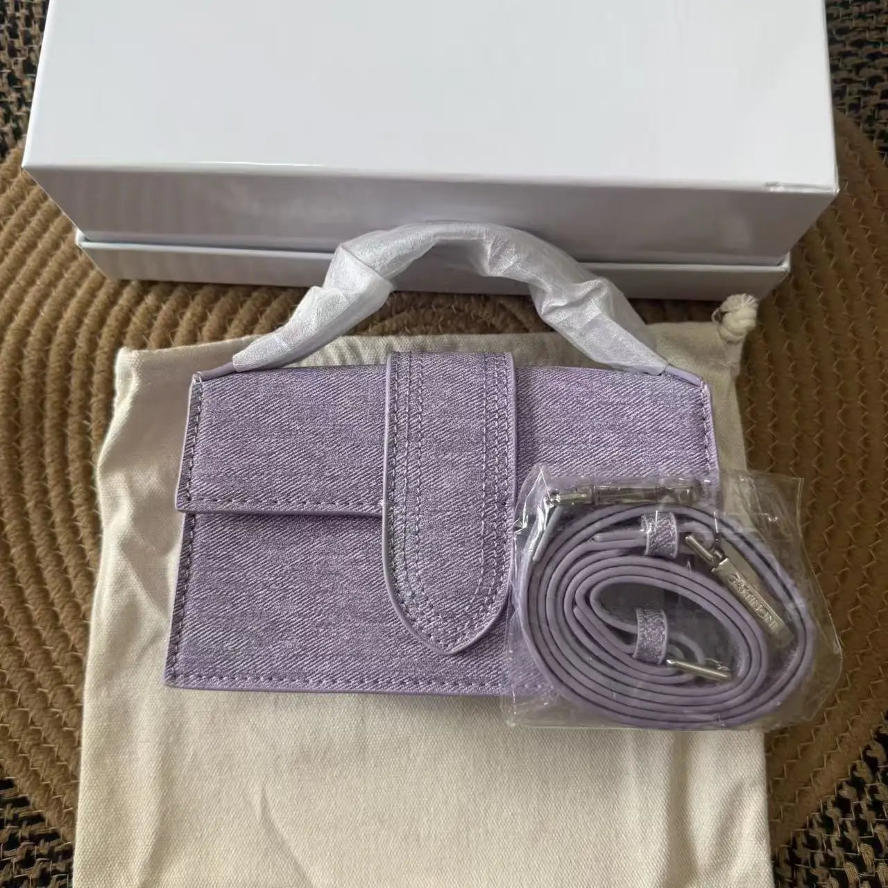 Women Denim Textured Mini Baguette Bag Thin Short Top Handle Detachable Adjustable Crossbody Strap Flap Purse