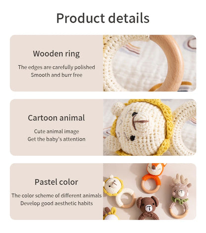 1pc Baby Teether Music Rattles for Kids Animal Crochet Rattle Elephant Giraffe Ring Wooden Babies Gym Montessori Children's Toys