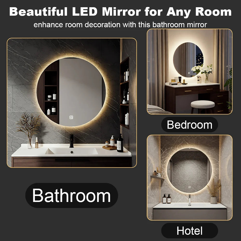 Smart Round Bathroom Mirror With LED Backlit Lights Wall Mounted Mirror 3 Colors Memory Stepless Dimmable Waterpoof IP54 Touch Switch