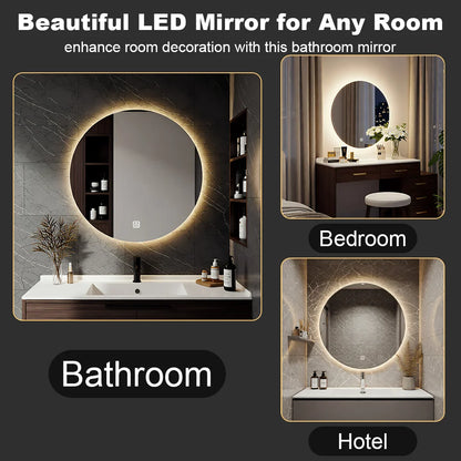 Smart Round Bathroom Mirror With LED Backlit Lights Wall Mounted Mirror 3 Colors Memory Stepless Dimmable Waterpoof IP54 Touch Switch