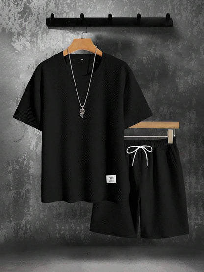 Men's Textured Letter Patched Round Neck Tee & Drawstring Shorts Two-Piece Set Regular Fit Casual Short Sleeve T shirt & Shorts