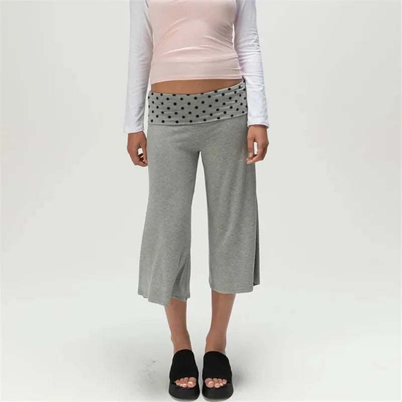 Women Fold Over Waist Gaucho Pants Low Rise Cropped Wide Leg Capri Pants Summer Foldover Culottes Yoga Pants Pajama Bottoms