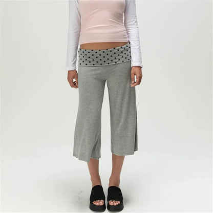 Women Fold Over Waist Gaucho Pants Low Rise Cropped Wide Leg Capri Pants Summer Foldover Culottes Yoga Pants Pajama Bottoms
