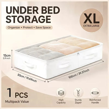 1/3 White Under-Bed Storage Box, Foldable Laundry Organizer with Durable Transparent Window, Under-Bed Style Storage Solution