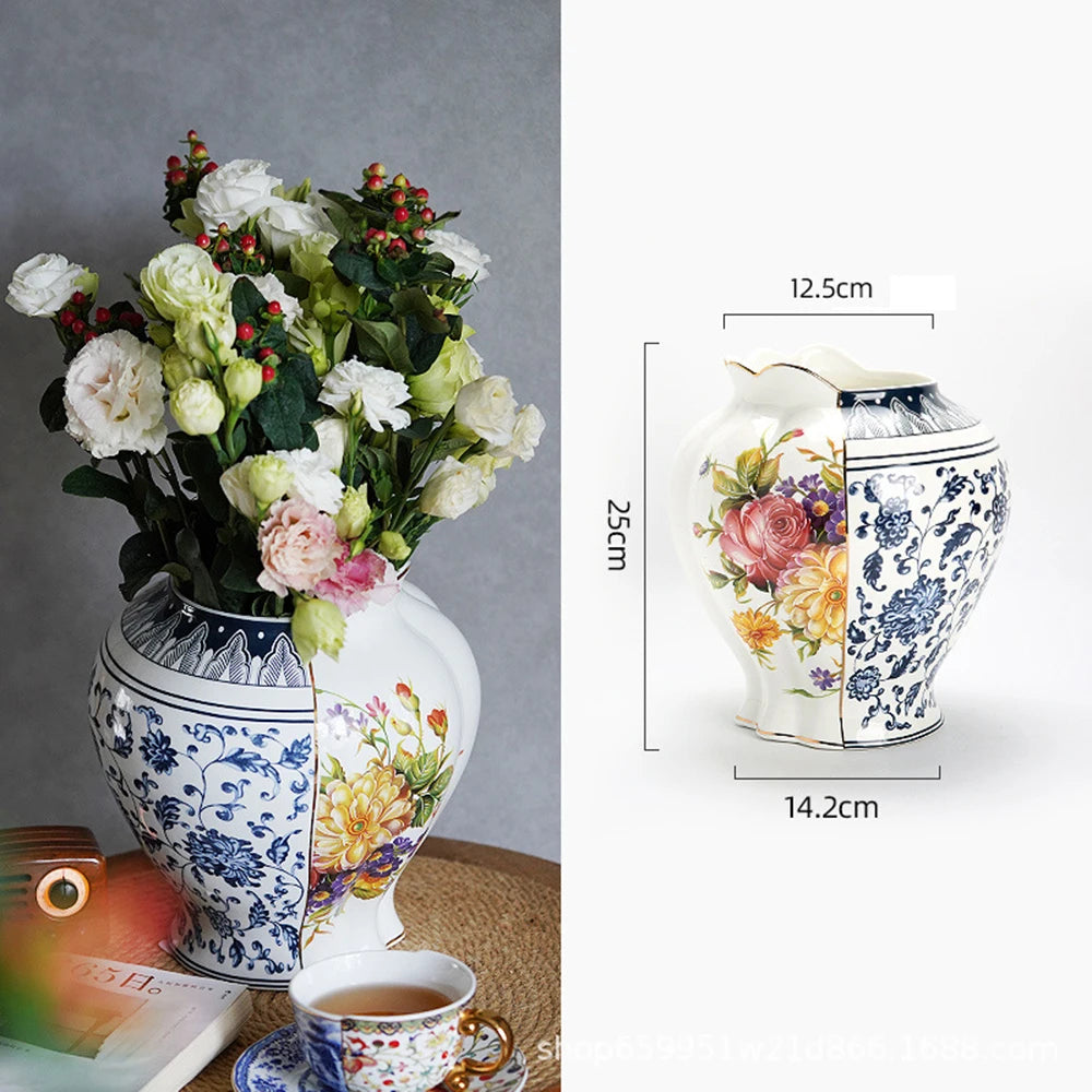 Splicing Light Luxury Antique Style Ceramic Vase Creative European Vintage Flower Vase Arrangement Living Room Desktop Ornaments