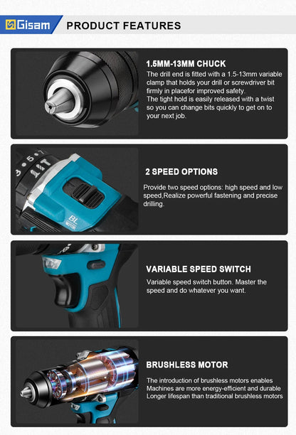 Gisam 13mm 35+3 Torque Brushless Electric Impact Drill Cordless Drill Electric Screwdriver Power Tool For Makita 18V Battery Pin