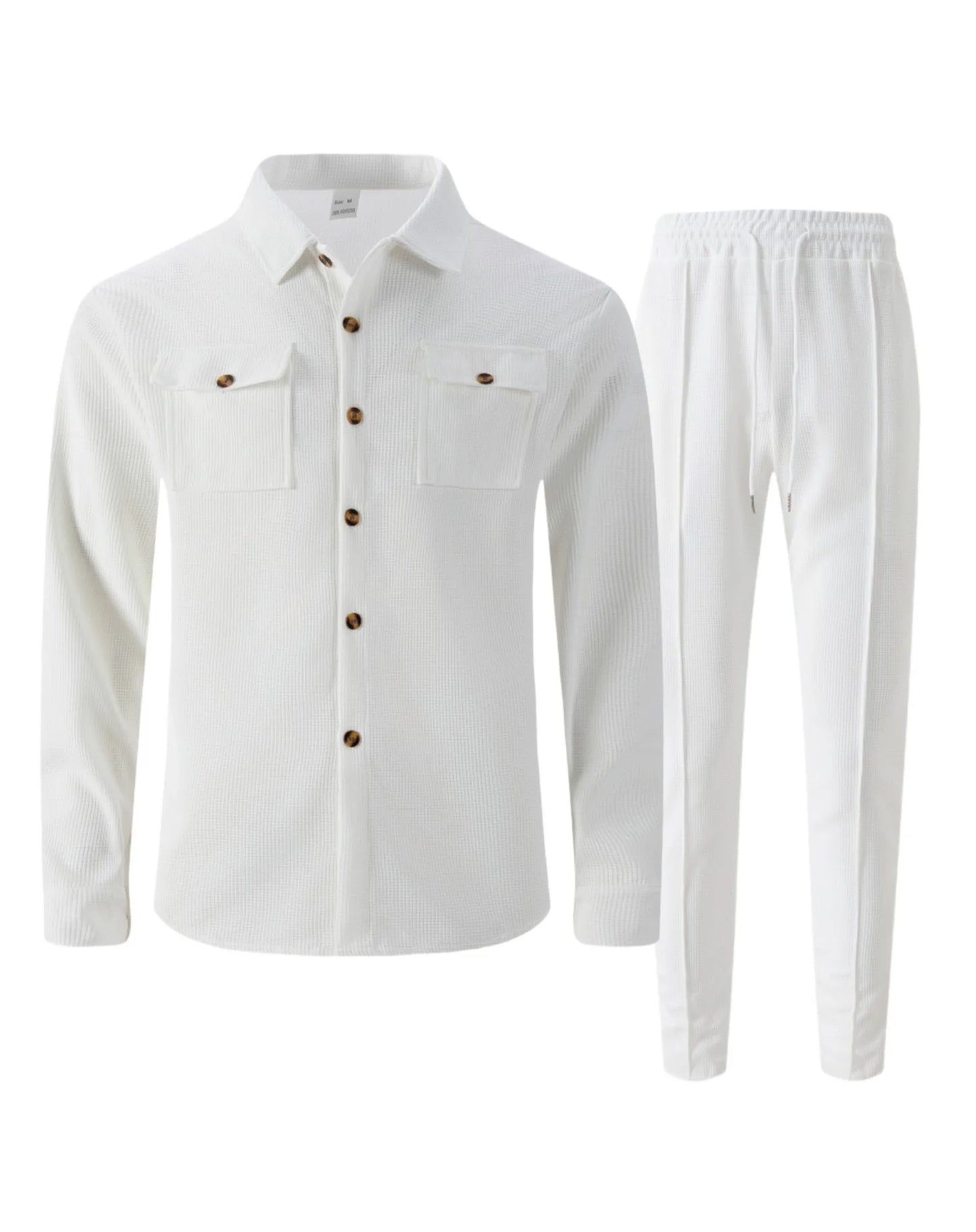 New autumn style waffle long-sleeved solid-color double-pocket buttoned cardigan shirt and pants set