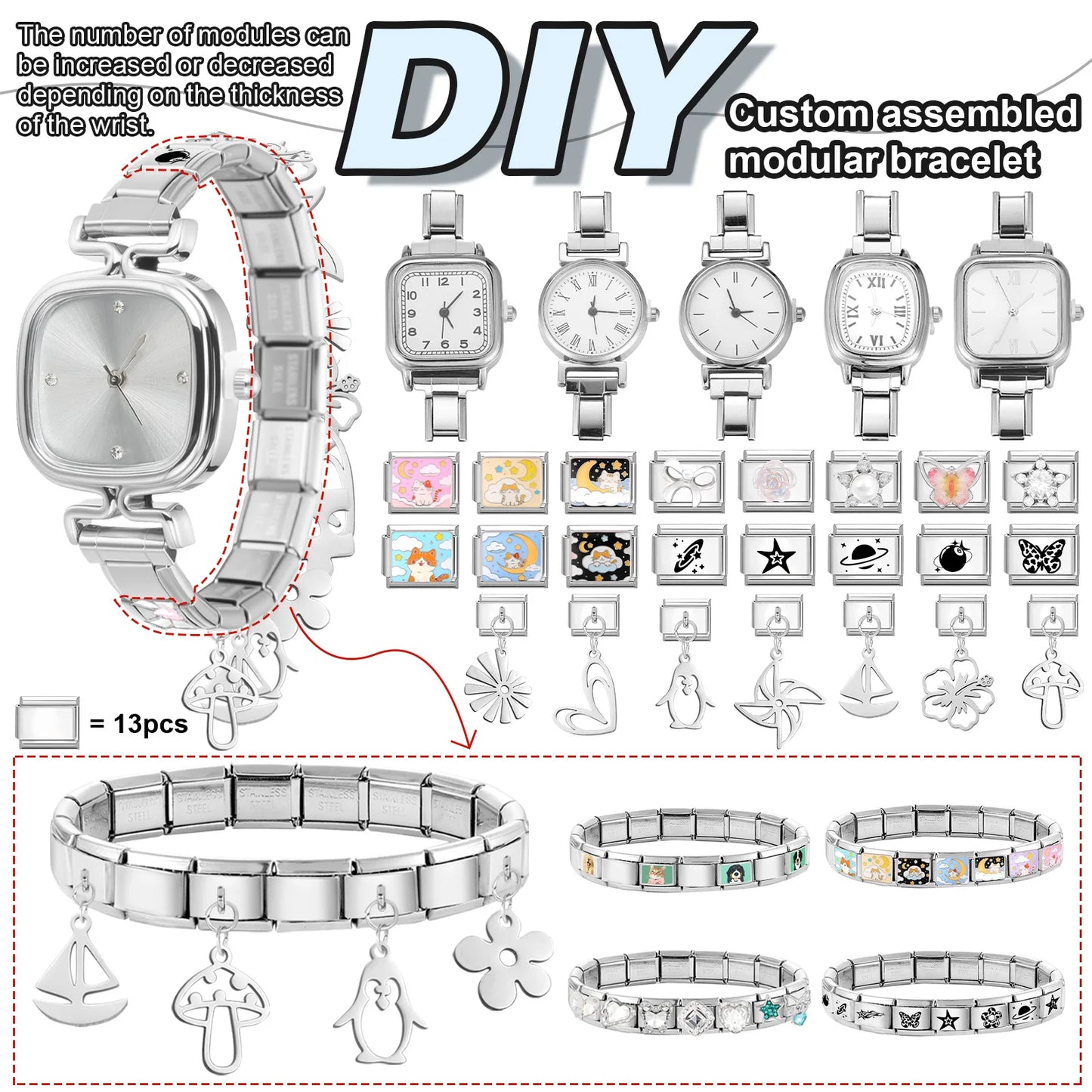 Fashion High Quality Men Women's Stainless Steel Square Round Shiny Zircon Watch Bracelet For Friend Birthday DIY Jewelry Gift