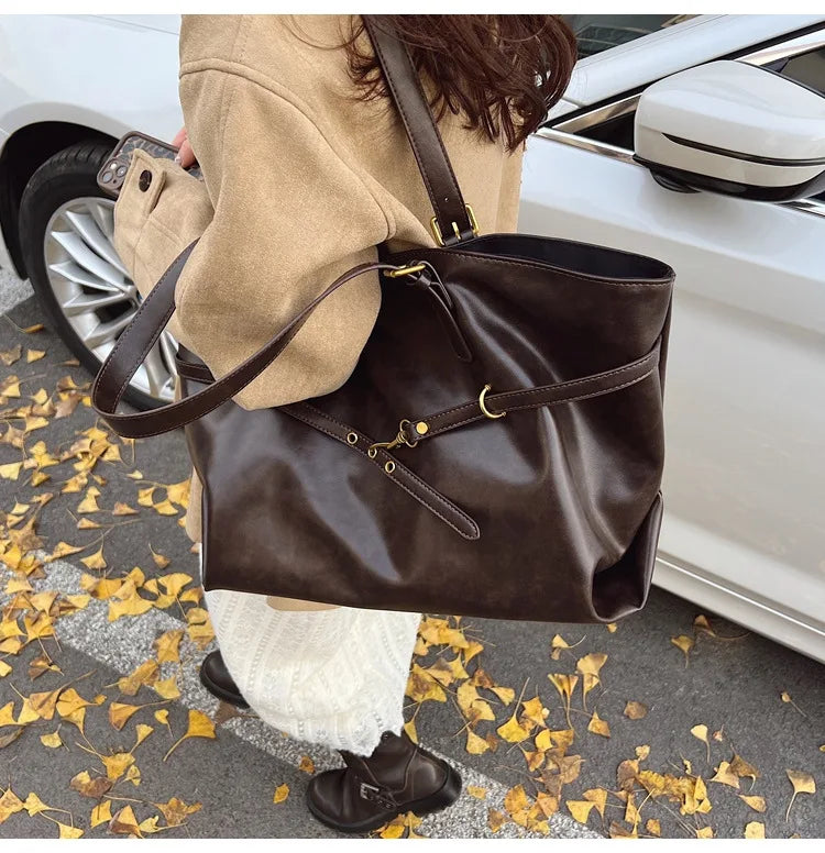 Tote Bag Designer Retro PU Leather Shoulder Handbag for Women Winter Trend Y2K Fashion Handbags Females Travel Luxury Tote Bags
