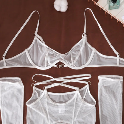 Sexy Mesh Breathable Lingerie Stockings Women's Shaping Ultra-thin Split Underwear Set Female Solid See Through Bra & Brief Sets