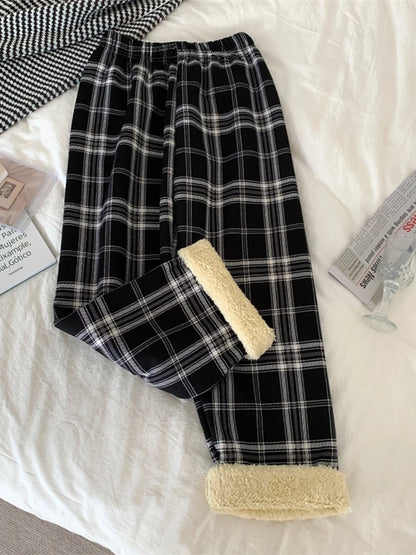 JMPRS Fashion Warm Plush Pants Thick Plaid Women Casual Loose Wide Leg Trousers Korean Streetwear Straight Student Pants New