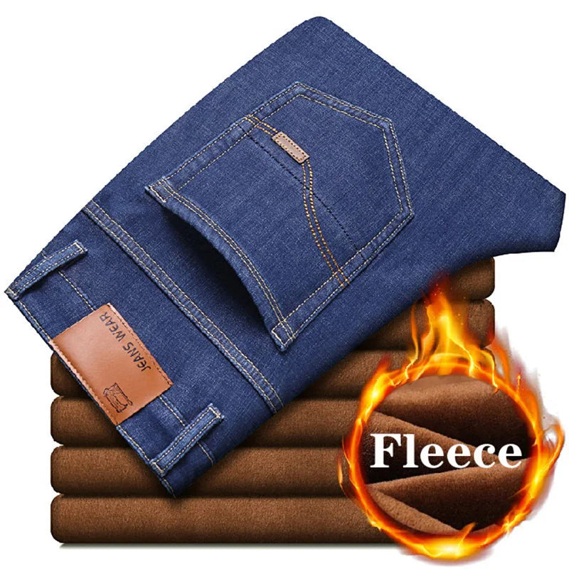 Brand Autumn Winter Warm Flocking Denim Soft Man Activities Fleece Line Men Jeans Black Blue Grey Colors