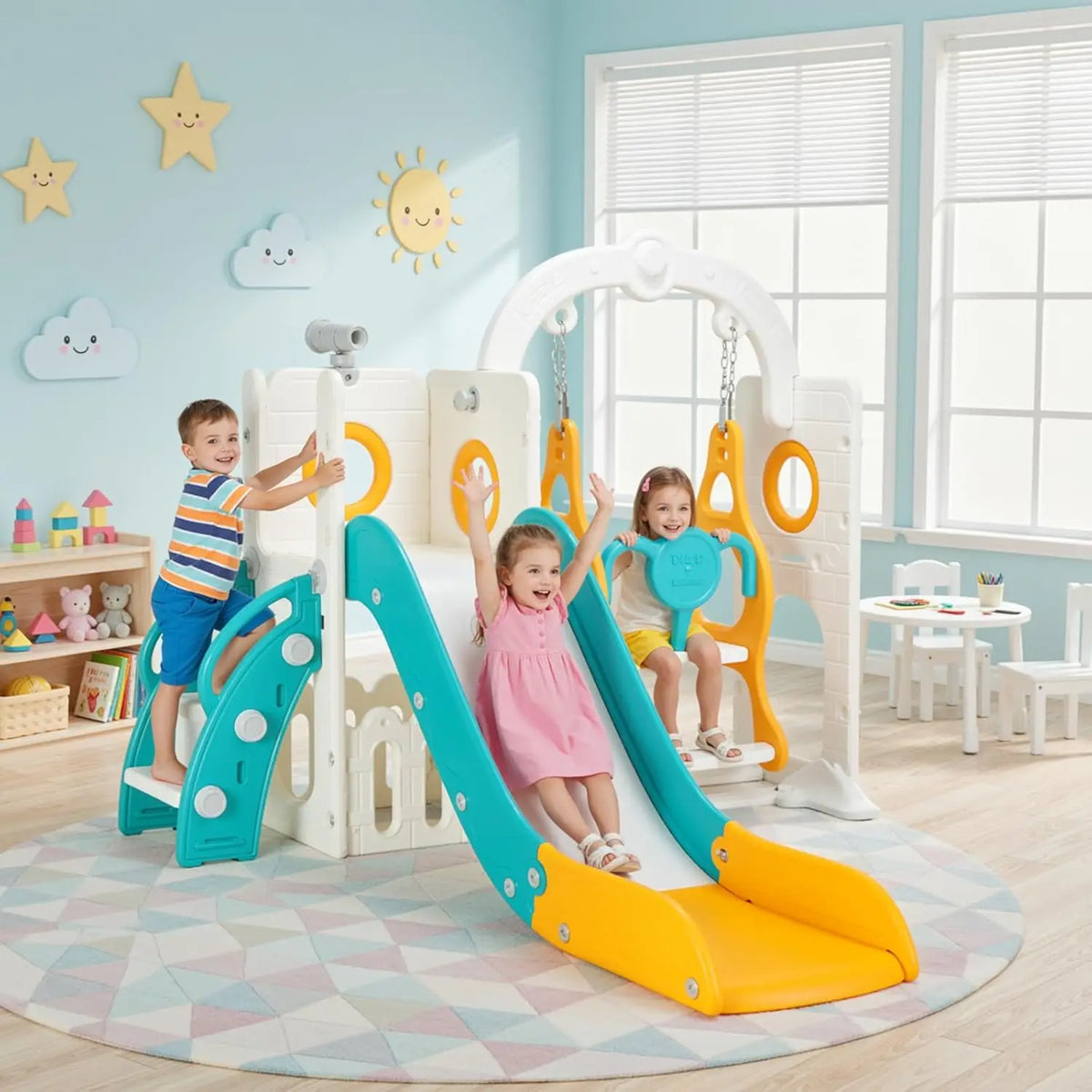 3-in-1 Toddler Slide Climber Playset, Freestanding Slide for Kids Indoor Outdoor Toy W/ Telescope, Tunnel, Basketball Hoop, Ball
