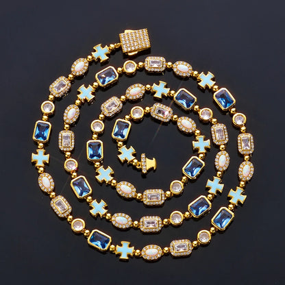 ESKEEM 6mm Geometric Blue Gemstone Necklace Oil Drip Cross Pendant Iced Out CZ Stones Opal Chain Hip Hop Jewelry Men Women Gift