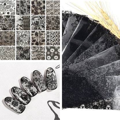 Black  White Lace Rose Nails Foil Stickers Black  Flowers Design Manicure Nail Art Transfer Paper Nails Art Decals